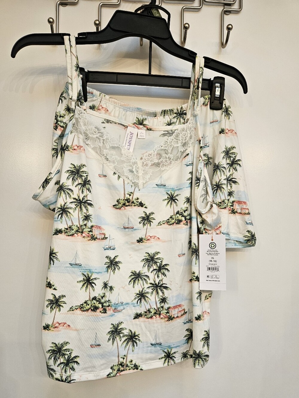 Joyspun Pajama Set XL, 3X NWT Cami Shorts Tropical Palm Tree Sea Scenic Lace